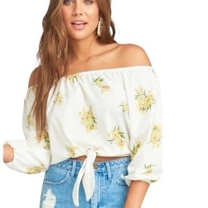 Show Me Your Mumu Santiago Floral Tie Front Off Shoulder Crop Top - XXS